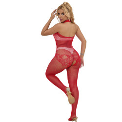 Subblime - 952372 Bodystocking Résille Et Dentelle Sans Fourrure Col Montant Rouge Taille Unique